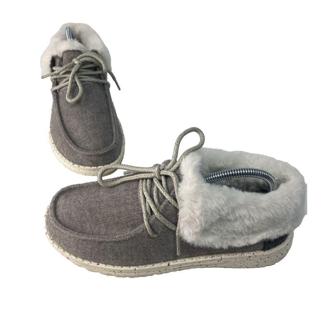 Hey Dude Women's US 5 Britt Shoes Lace Up Boots‎ Gray White Faux Fur Warm Comfy